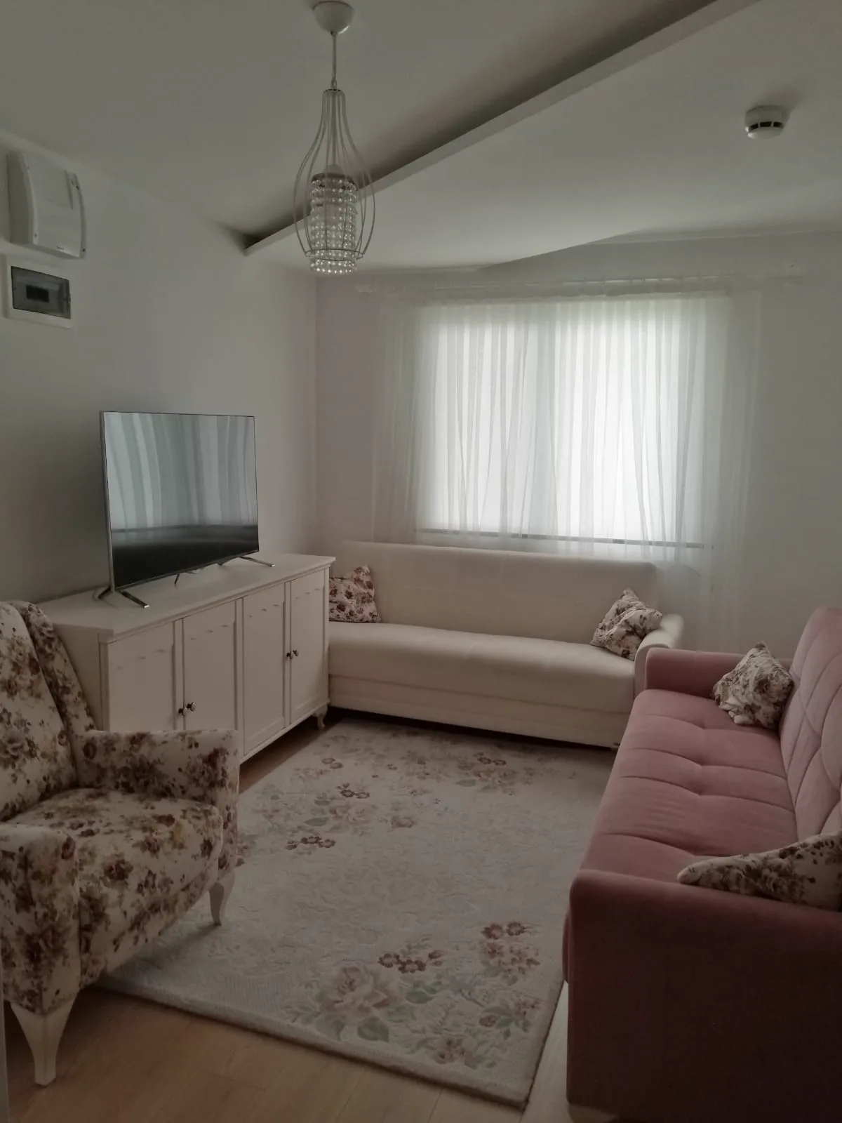 Emirbeyazıt'ta eşyalı 1+1 kiralık dairenin aydınlık salonu